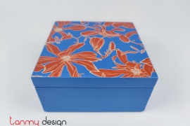 Blue square lacquer box with red orchid pattern 16 cm 